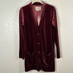 Evystree Wine Velour Longline Cardigan Patch-pockets New Size Small